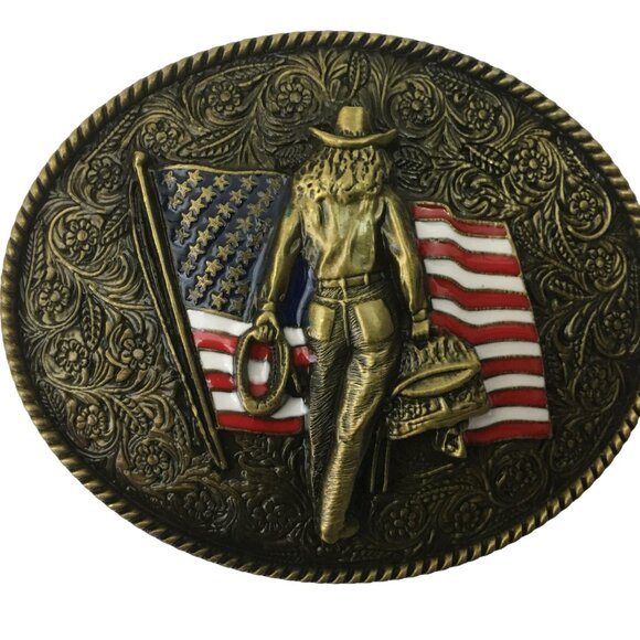 Cowgirl Belt Buckle and USA Flag Brooch Christmas Tin Set Western Buckles Rodeo - Picture 8 of 16